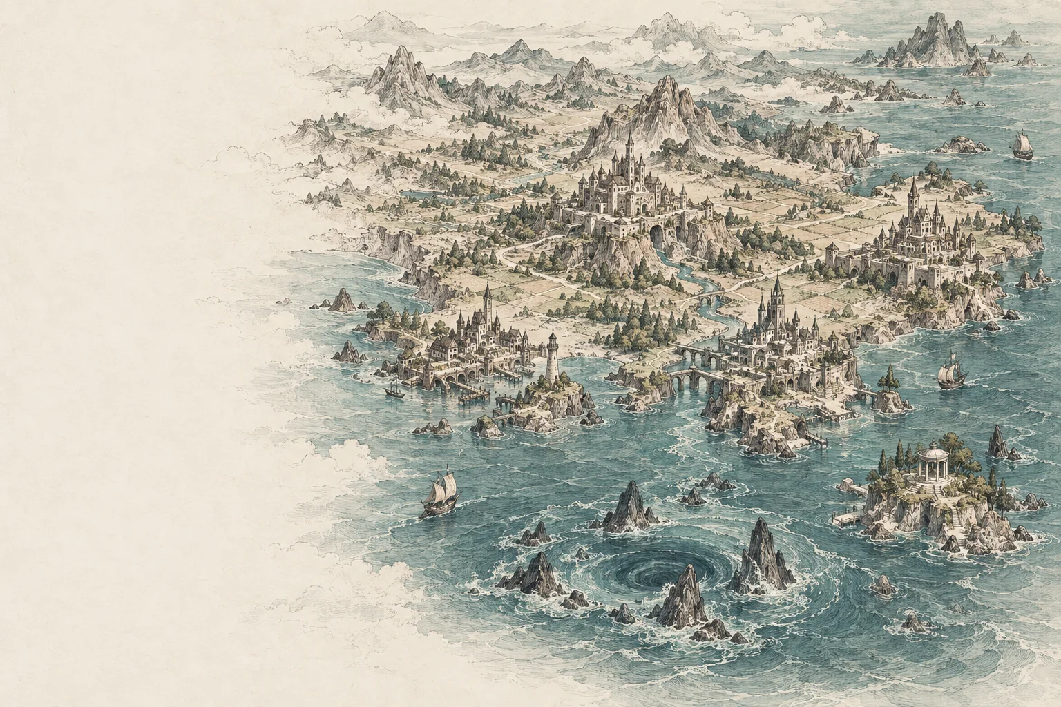 手繪作品世界:獨城位於陸地高處,幣港、鏈都、股城相連;帥灣在近海,貪淵位於深海